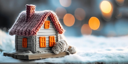 Step into a winter wonderland with this enchanting image. A charming small house stands enveloped in a warm, knitted scarf against a picturesque snow-filled backdrop, featuring a delicate bokeh effect. This inviting scene captures the essence of returning home to comfort and warmth during the winter months. Ideal for conveying the spirit of winter, the concept of home, and the beauty of seasonal aesthetics. copy space. illustration created by Generative AIの素材
