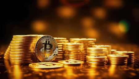 A pile of Bitcoin cryptocurrency gold coins neatly arranged against a blurred background with a bokeh effect, the lights of which depict detailed financial charts of the stock exchange. Illustrating the intersection of digital finance and traditional markets. illustration created by Generative AIの素材