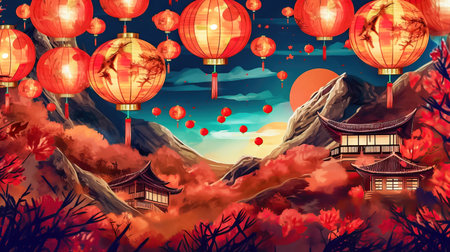 Step into the world of Lunar New Year with this awe-inspiring image, where the beauty of the celebration shines through. illustration created by Generative AIの素材