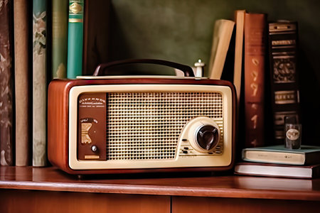 A classic radio stands proudly among a library of books, showcasing a harmonious blend of vintage technology and timeless knowledge. illustration created by Generative AIの素材