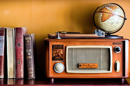 A retro wireless radio shares space with a collection of literary treasures on a well-curated shelf, blending technology and culture. illustration created by Generative AIの素材