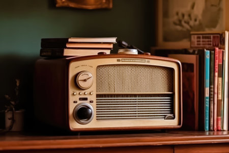 An antique radio from the past is showcased alongside a row of vintage books, offering a glimpse into a bygone era. illustration created by Generative AIの素材