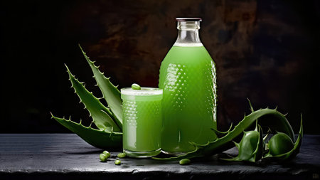 Fresh aloe leaves and aloe juice, perfect for marketing campaigns in the cosmetic and healthy food industry. illustration created by Generative AIの素材