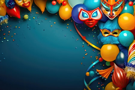 Create a festive atmosphere with this lively background, adorned with colorful balloons, masquerade masks, confetti, tinsel, and space for your text or message. copy space. illustration created by Generative AIの素材