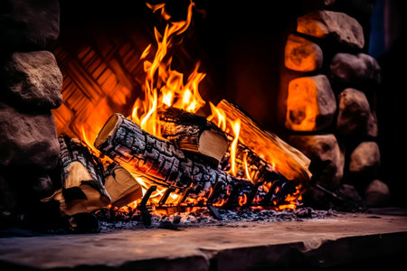 Warm up your space with the inviting glow of a beautifully burning fire in the fireplace. Perfect for creating a cozy and comforting atmosphere. illustration created by Generative AIの素材