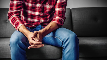 The picture portrays a man in a checkered shirt and jeans, sitting on a couch with his arms crossed, capturing the essence of battling depression, a sense of hopelessness, and the emotional weight of life's challenges. illustration created by Generative AIの素材
