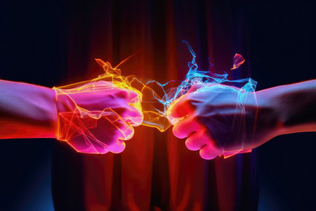 Two hands clenched into fists, emitting a powerful energy charge, moving towards each other with the intention of a collision. Concept of energy, power, and confrontation. illustration created by Generative AIの素材