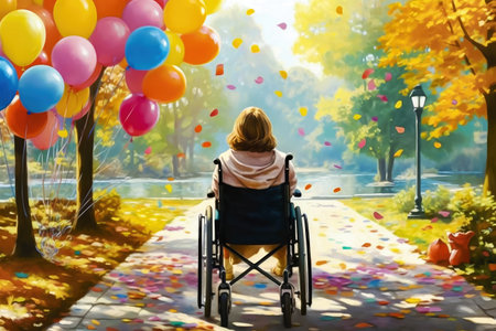 Amidst the colorful tapestry of balloons and the blossoming beauty of the park, a young girl in a wheelchair finds sheer happiness, proving that joy knows no bounds. illustration created by Generative AIの素材