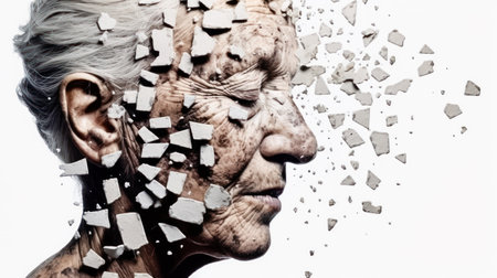 Close-up of an elderly lady's face reflecting forgetfulness and memory challenges often associated with aging. illustration created by Generative AIの素材
