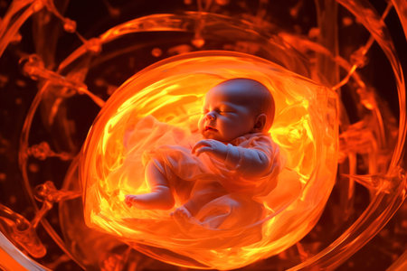 A serene portrayal of an unborn baby peacefully nestled in the protective environment of the womb. illustration created by Generative AIの素材