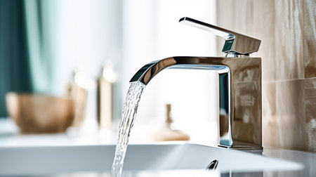 Fresh and clear water pouring into a washbasin from a tap, home care. illustration created by Generative AIの素材