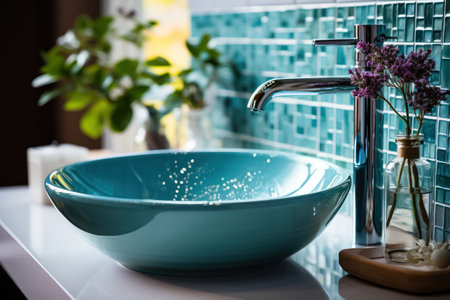 Drops of water dripping from the tap into the washbasin in a modern bathroom symbolize the importance of conserving water resources, the importance of water resources in human life. illustration created by Generative AIの素材