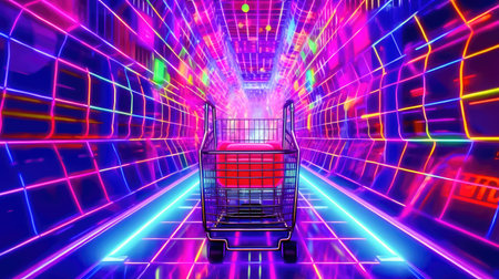 Glowing neon shopping cart symbolizing the convenience of online shopping. Get everything you need with a click in this vibrant e-commerce concept. illustration created by Generative AIの素材