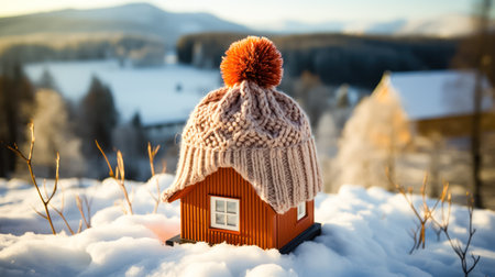 Mini model of a house adorned with a cozy knitted hat, with a blurred winter landscape in the backdrop, representing winter home aesthetics. illustration created by Generative AIの素材