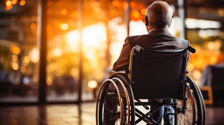 An individual in a wheelchair with a blurred cityscape in the background, illustrating accessibility and urban mobility. illustration created by Generative AIの素材