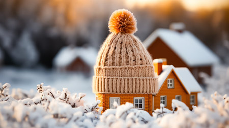 Miniature house figurine wearing a knitted hat, set against a blurred winter scene, symbolizing the comfort and warmth of home in winter. illustration created by Generative AIの素材