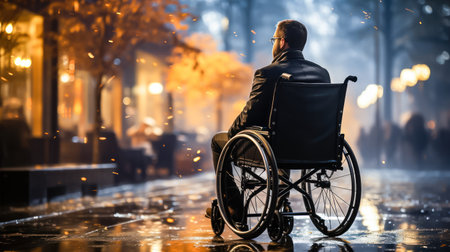 A man in a wheelchair against a backdrop of a blurred cityscape, symbolizing inclusivity and mobility in urban environments. illustration created by Generative AIの素材