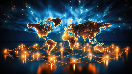 An expansive model of the world map is adorned with a multitude of lights, representing the global reach of the Internet and advanced telecommunication networks. This striking image illustrates the concept of a highly connected and technologized world, where information and communication traverse continents seamlessly. illustration created by Generative AIの素材