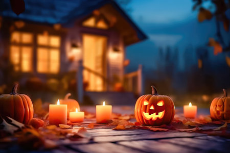 Extend a warm Halloween welcome with the radiant glow of a pumpkin lantern on the porch. illustration created by Generative AIの素材