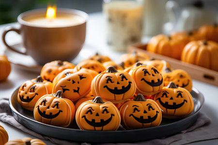 Delicious festive cookies crafted in the shape of cheerful pumpkins, perfect for Halloween celebrations. illustration created by Generative AIの素材