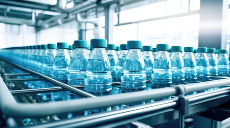 An industrial conveyor line transporting bottles containing clear, quality drinking water. illustration created by Generative AIの素材