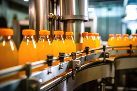 Showcase the production of your delicious orange juice with this image of bottles on a manufacturing line. It's a vibrant representation of your product's journey from creation to distribution. illustration created by Generative AIの素材