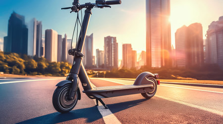 An electric scooter on a city road, illustrating the ease and eco-consciousness of modern city commuting. illustration created by Generative AIの素材