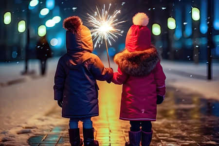 Warmly dressed girls holding sparklers and smiling with delight, celebrating in a festive winter scene with a beautiful bokeh effect. illustration created by Generative AIの素材
