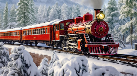 Enjoy a festive train ride on the Polar Express through a snowy paradise. illustration created by Generative AIの素材