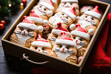Indulge in the holiday cheer with these cat-shaped Christmas cookies. Their exquisite decorations and festive charm are sure to bring joy to your celebrations. illustration created by Generative AIの素材
