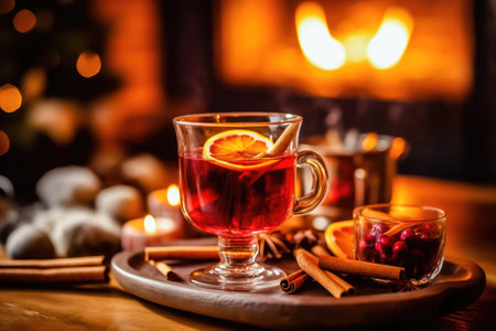 Enjoy a moment of tranquility with a warming drink, set against a backdrop of coziness and the soothing illumination of a fireplace. illustration created by Generative AIの素材