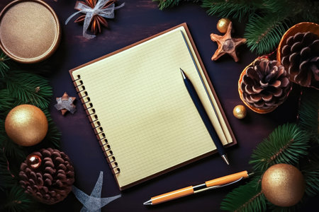 A blank sheet of paper in a notebook and a pen among the New Year's tinsel are prepared to write down the holiday menu, sum up the results of the year, make plans for the next year, write down a holiday greeting, a message. illustration created by Generative AIの素材