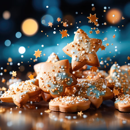 Beautifully decorated cookies in the shape of stars and snowflakes, perfect for holiday celebrations. illustration created by Generative AIの素材