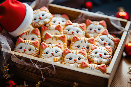 These Christmas cookies, crafted in the shape of charming cats, are a delightful addition to your holiday festivities. Their intricate decorations make them a sweet and festive treat. illustration created by Generative AIの素材
