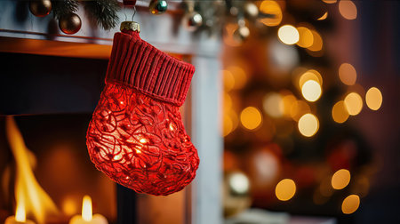 A beautifully adorned Christmas stocking, brimming with presents, set against the backdrop of a glowing fireplace and a New Year's tree with bokeh lights. illustration created by Generative AIの素材
