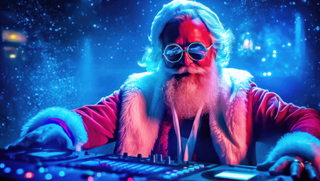 Santa Claus DJ rocks the turntables, spinning lively beats to ring in the New Year at a festive celebration. illustration created by Generative AIの素材