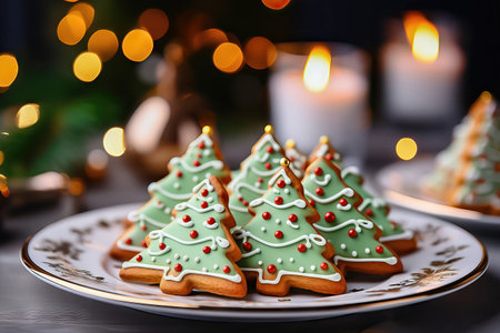 Adorable cookies in the shape of New Year's trees, beautifully decorated for a joyful holiday season. illustration created by Generative AIの素材