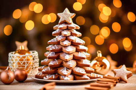 These delightful holiday cookies are expertly arranged to form a festive Christmas tree, set against a background with a captivating bokeh effect. illustration created by Generative AIの素材