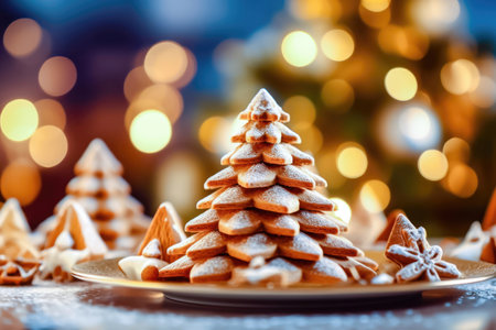 Festive holiday cookies are arranged in the form of a Christmas tree, with a beautifully blurred background featuring a bokeh effect. illustration created by Generative AIの素材