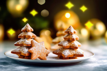 Delicious holiday cookies are creatively arranged in the shape of a Christmas tree, set against a blurred background with a bokeh effect. illustration created by Generative AIの素材