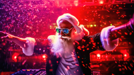 Get into the holiday groove as Santa Claus turns DJ, delivering a musical extravaganza for a memorable New Year's Eve. illustration created by Generative AIの素材