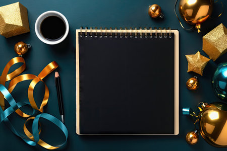A festive tablet with a blank sheet of paper and a pen on a beautifully decorated Christmas background, perfect for writing your holiday messages and congratulations. illustration created by Generative AIの素材