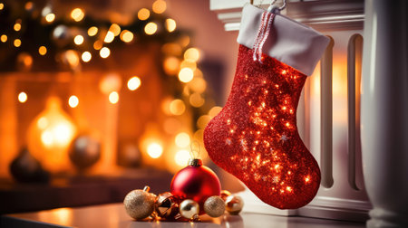 An elegant Christmas stocking, stuffed with gifts, showcased against the warm glow of a fireplace and a New Year's tree with a bokeh background. illustration created by Generative AIの素材