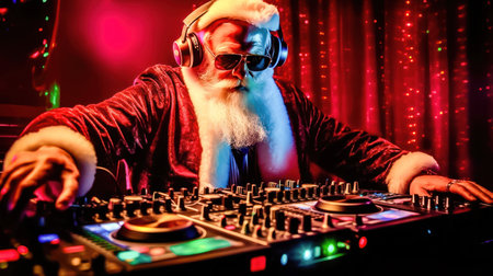 DJ Santa, with his holiday spirit, mixes hit tracks to ensure a night filled with joy and celebration on New Year's. illustration created by Generative AIの素材