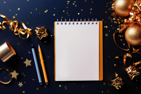 Get creative with your holiday greetings using this festive tablet set against a beautifully decorated Christmas background, complete with a blank sheet of paper and a pen. illustration created by Generative AIの素材