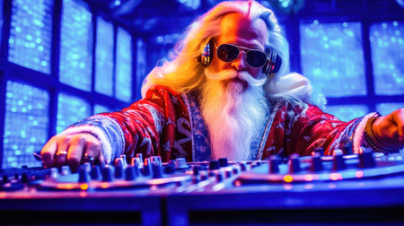 Join DJ Santa Claus as he takes charge of the soundtrack for a memorable New Year's event, spinning tunes that keep the party alive. illustration created by Generative AIの素材