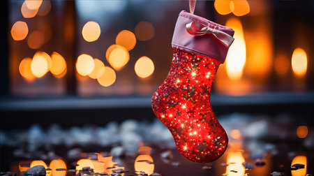 A holiday stocking filled with gifts, placed near a cozy fireplace and a New Year's tree with a sparkling bokeh background. illustration created by Generative AIの素材