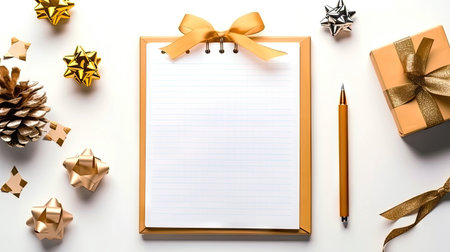 Express your holiday sentiments creatively on this festive writing tablet with a blank sheet of paper and a pen, perfect for crafting your messages, making plans for the future, summing up the results of the past year, drawing up a holiday menu. illustration created by Generative AIの素材