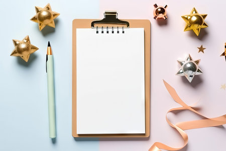 Enhance your holiday messages with this tablet and pen set against a decorative Christmas background, offering plenty of space for your creativity, summing up the results of the year, making plans for the next year. illustration created by Generative AIの素材
