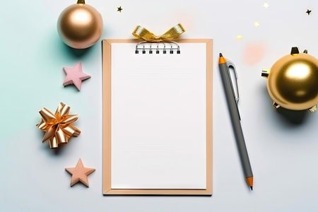 Jot down your holiday thoughts, tasks, goals and wishes on this Christmas notepad, complete with a pen, set against a beautifully decorated background. illustration created by Generative AIの素材